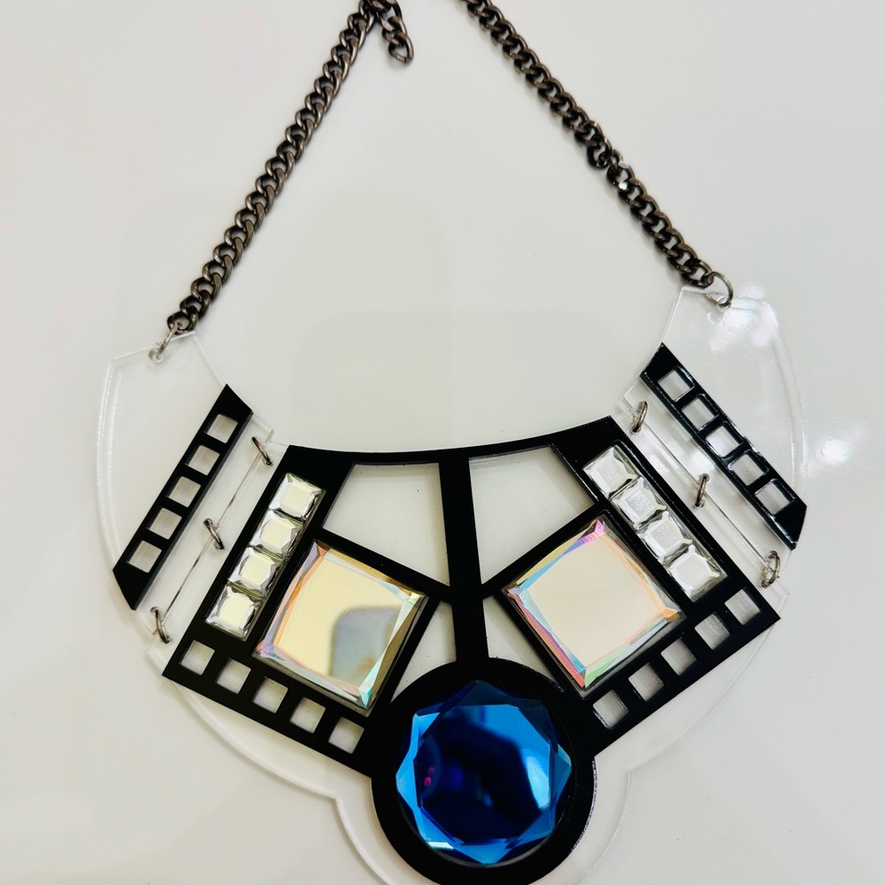 Lucite Geometric Statement Necklace with Blue, Black and Holographic Accents